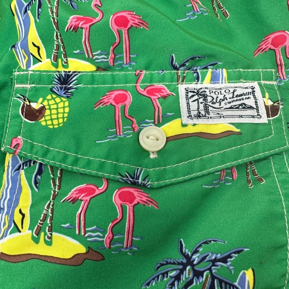 POLO RALPH LAUREN Green Traveler Lined Swim Trunks Pockets Flamingo Surf Size LT
